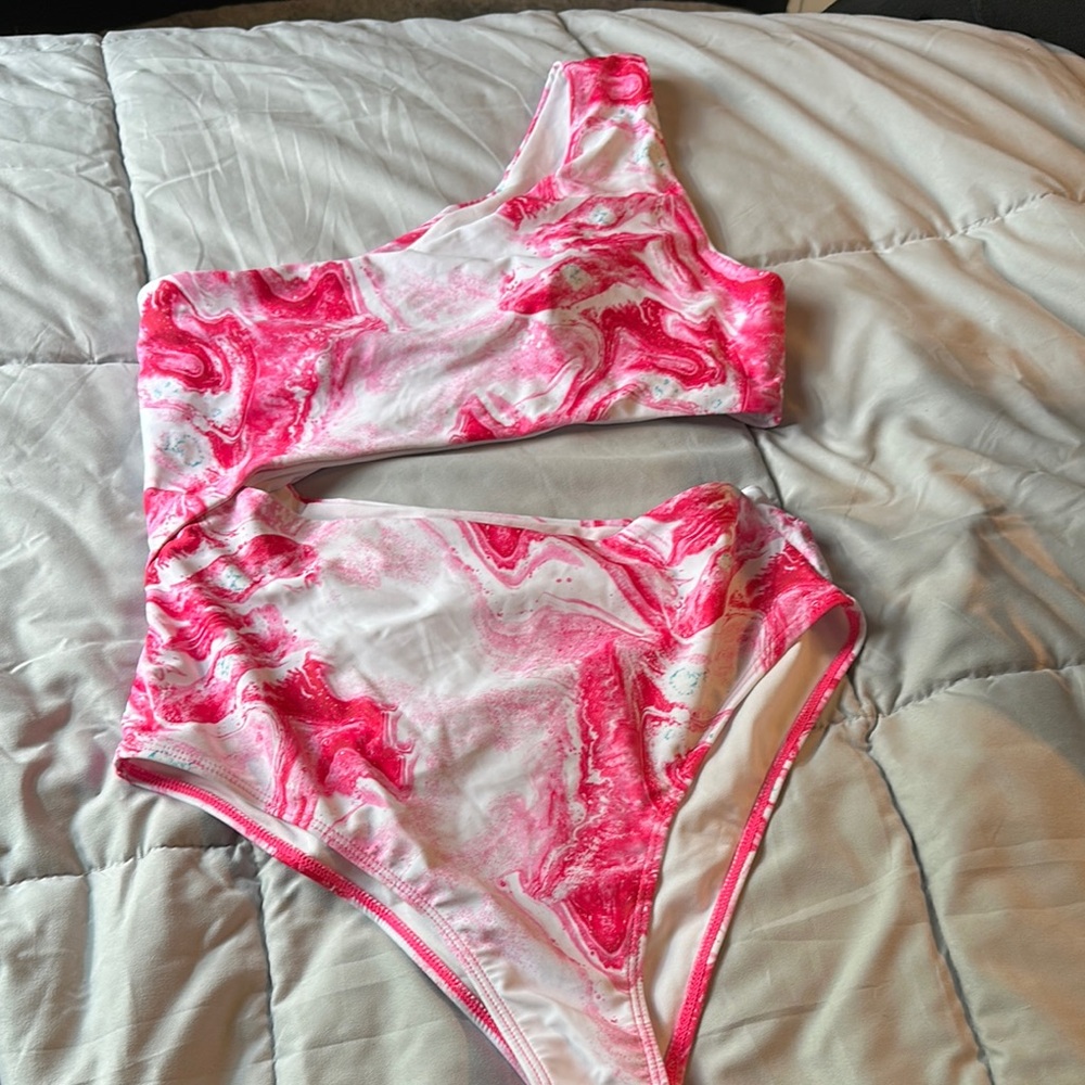 Pink and White One-Shoulder Swimsuit